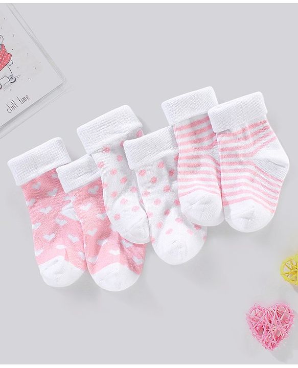 Cute Walk by Babyhug Cotton Anti Bacterial Ankle Length Socks Non Terry Stripes & Polka Dot Design Pack of 3 - Pink