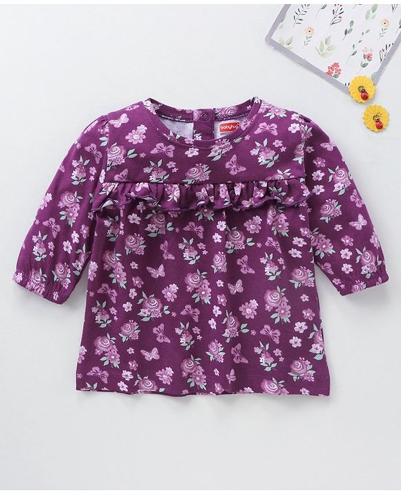 Babyhug Three Forth Sleeves Butterfly & Flower Print With Frill Detailing Top - Purple