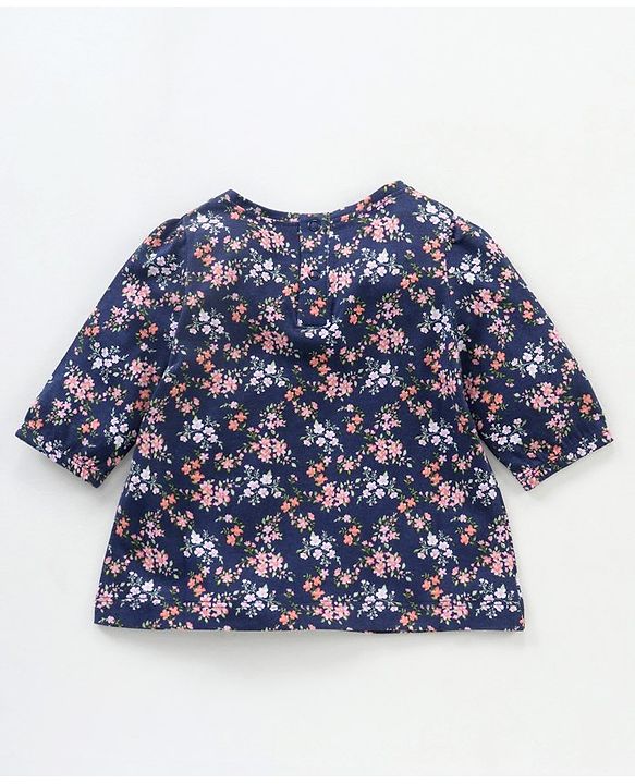 Babyhug Three Forth Sleeves Floral Print With Frill Detail Top - Blue