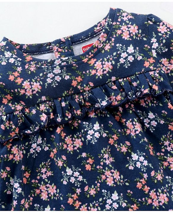 Babyhug Three Forth Sleeves Floral Print With Frill Detail Top - Blue