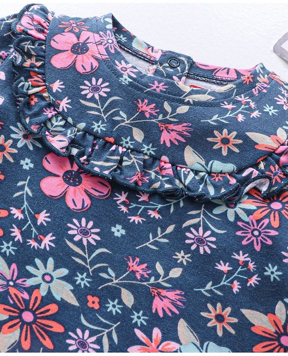 Babyhug Three Forth Sleeves Flower Print With Frill Detailing Top - Blue