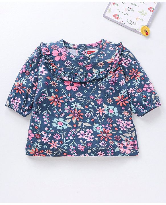 Babyhug Three Forth Sleeves Flower Print With Frill Detailing Top - Blue