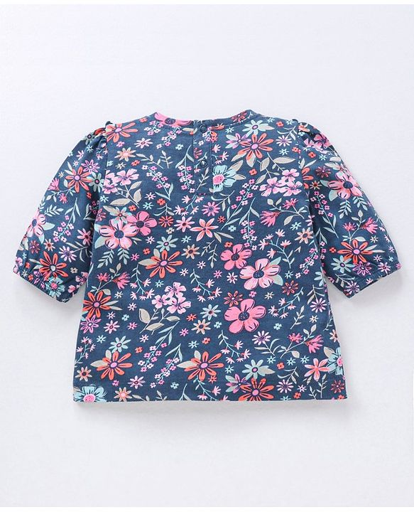 Babyhug Three Forth Sleeves Flower Print With Frill Detailing Top - Blue