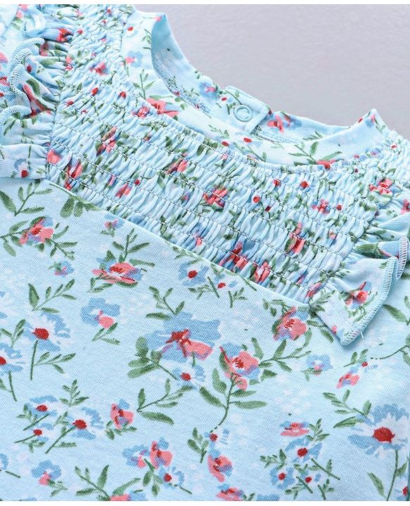 Babyhug Three Forth Sleeves Flower Print With Smocking & Frill Detailing Top - Blue