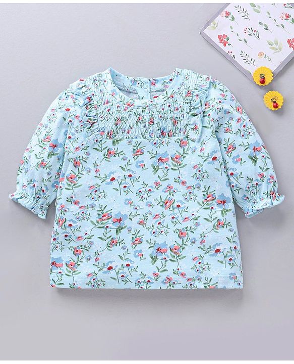 Babyhug Three Forth Sleeves Flower Print With Smocking & Frill Detailing Top - Blue