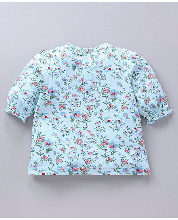 Babyhug Three Forth Sleeves Flower Print With Smocking & Frill Detailing Top - Blue