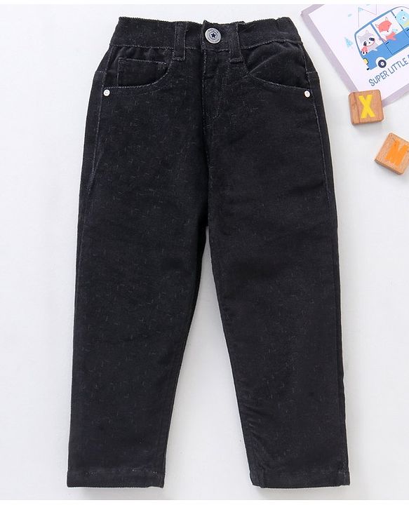 Babyhug Cotton Lycra Woven Full Length Solid Colour Corduroy Pants - Black
