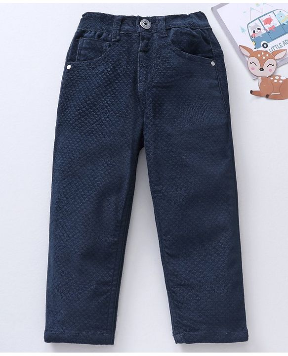 Babyhug Cotton Lycra Woven Full Length Corduroy Pant Solid - Navy Blue