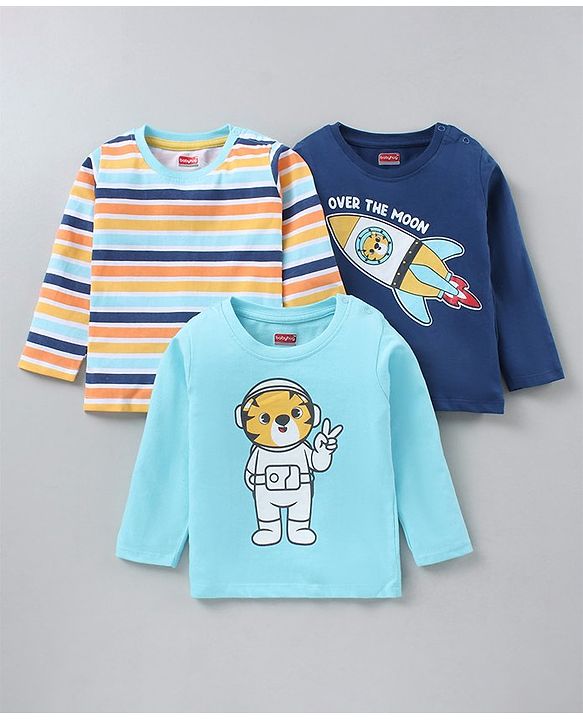 Babyhug Full Sleeves Cotton Striped and Rocket Printed T-shirts Pack of 3 - Blue Orange