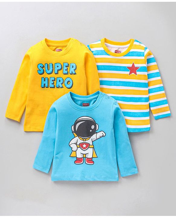 Babyhug Full Sleeves Cotton Striped and Text Printed T-shirts Pack of 3 - Blue Yellow