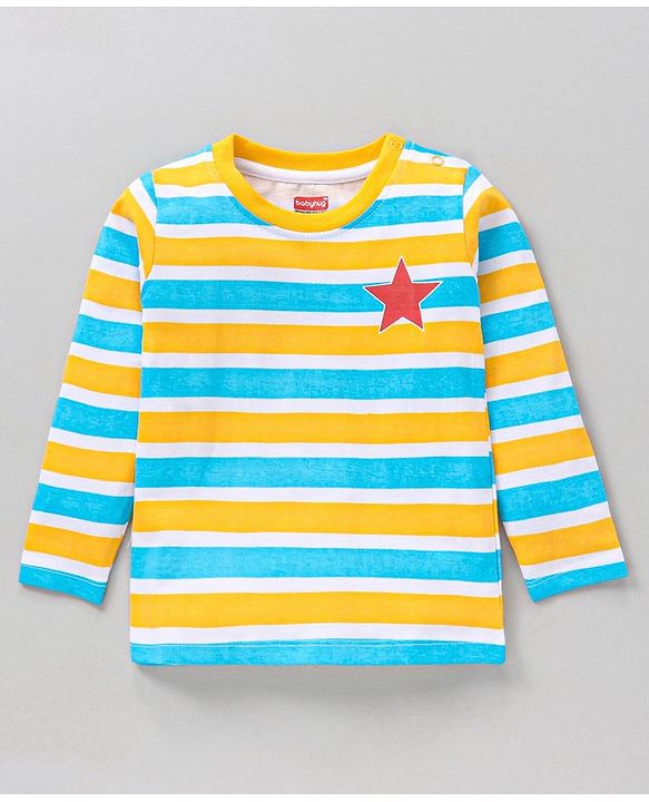 Babyhug Full Sleeves Cotton Striped and Text Printed T-shirts Pack of 3 - Blue Yellow