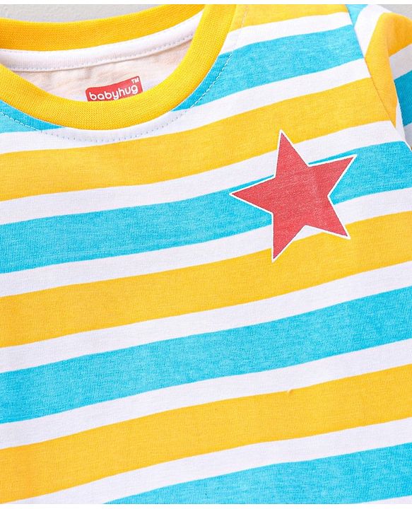 Babyhug Full Sleeves Cotton Striped and Text Printed T-shirts Pack of 3 - Blue Yellow