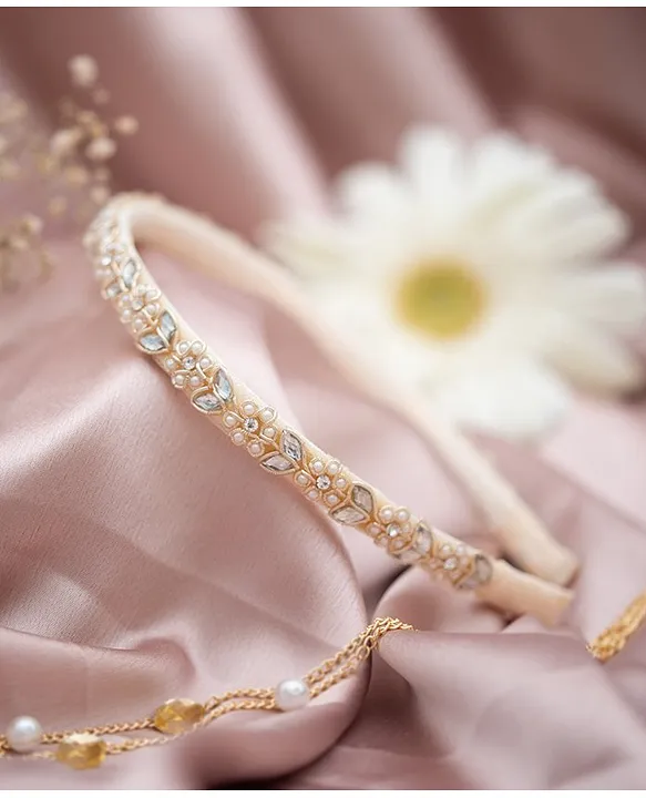 Ribbon candy Zardozi And Pearls Embellished Hair Band Golden for