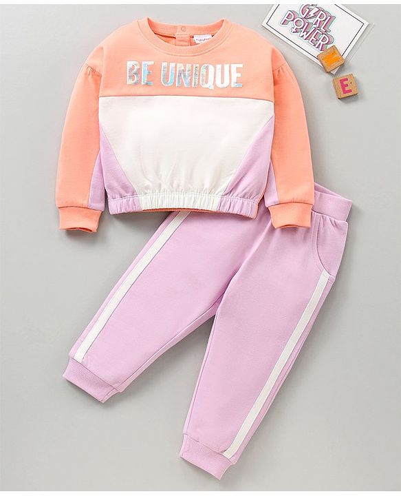 Babyhug 100% Cotton T-Shirt And Lounge Pant Text Print - White Peach Lilac