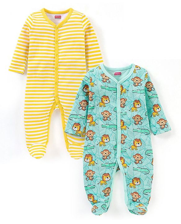 Babyhug Full Sleeves Sleep Suit Striped and Lion Print Pack of 2 - Yellow & Green