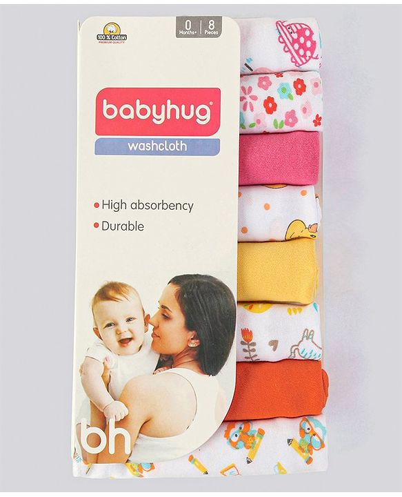 Babyhug 100% Cotton Wash Cloth Pack of 8 - Multicolor