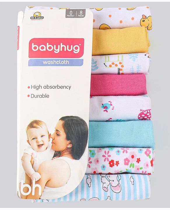 Babyhug 100% Cotton Wash Cloth Pack of 8 - Multicolor