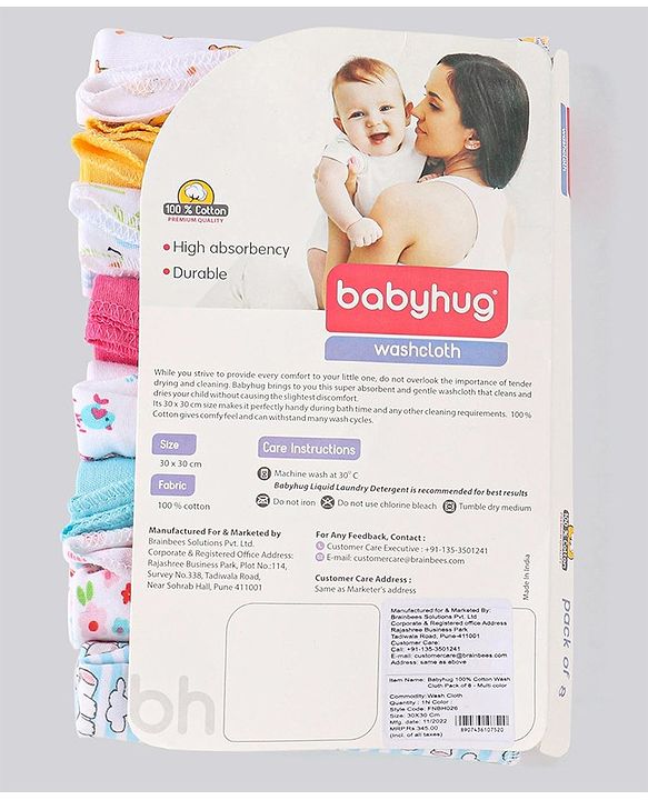 Babyhug 100% Cotton Wash Cloth Pack of 8 - Multicolor