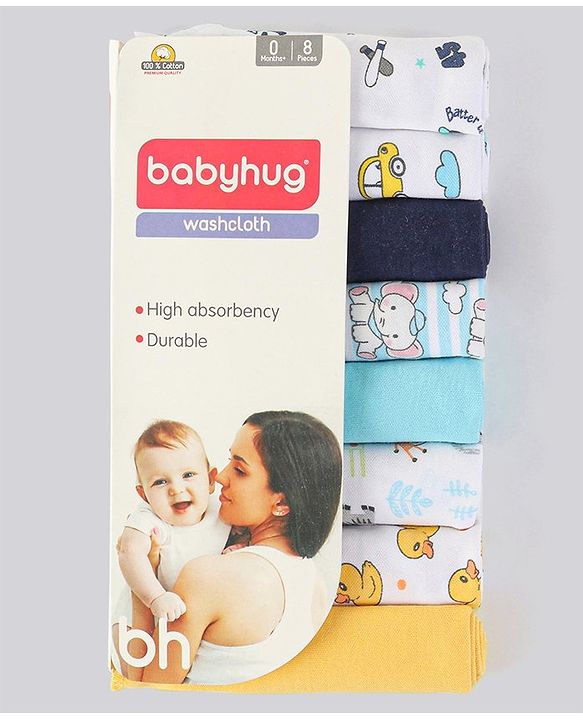 Babyhug 100% Cotton Wash Cloth Pack of 8 - Multicolor