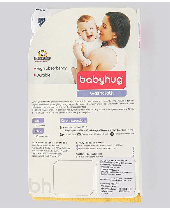 Babyhug 100% Cotton Wash Cloth Pack of 8 - Multicolor