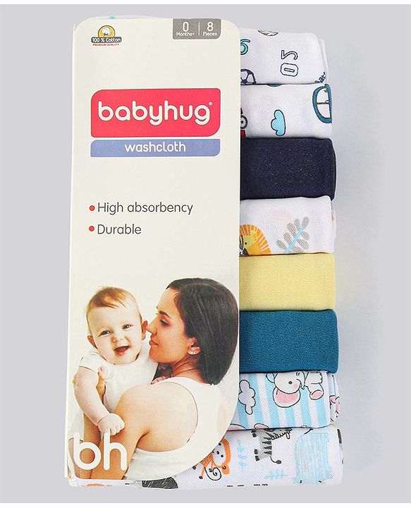 Babyhug 100% Cotton Wash Cloth Pack of 8 - Multicolor