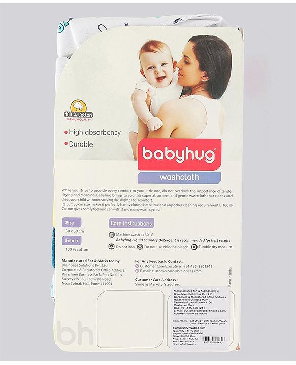 Babyhug 100% Cotton Wash Cloth Pack of 8 - Multicolor