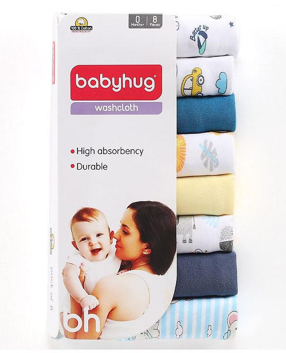 Babyhug 100% Cotton Wash Cloth Pack of 8 - Multicolor