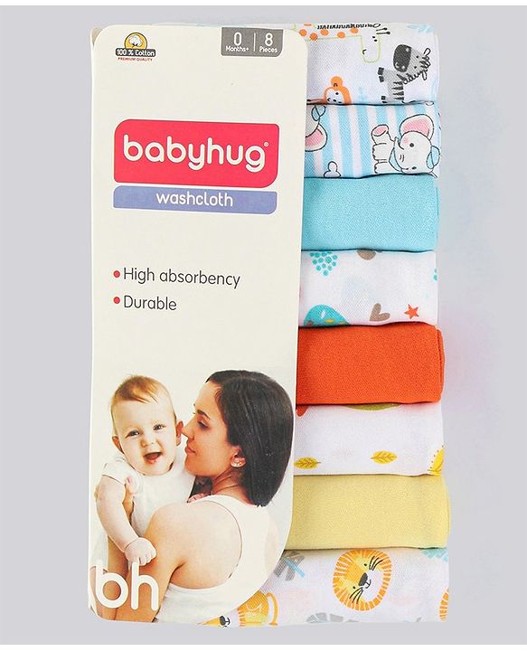 Babyhug 100% Cotton Wash Cloth Pack of 8 - Multicolor