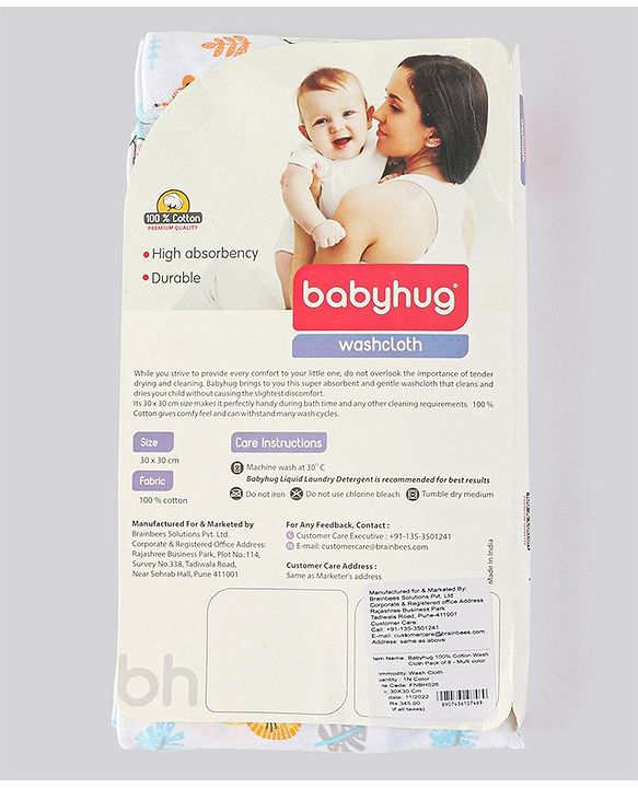 Babyhug 100% Cotton Wash Cloth Pack of 8 - Multicolor
