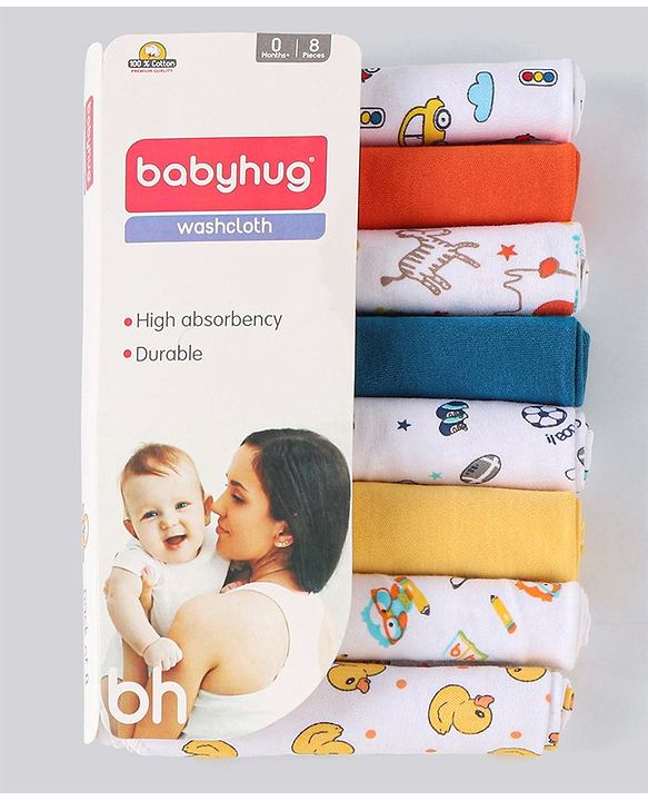 Babyhug 100% Cotton Wash Cloth Pack of 8 - Multicolor