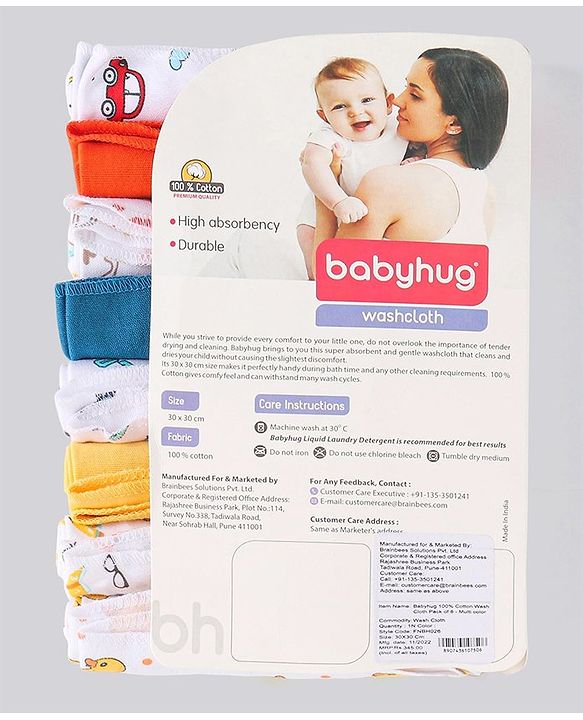 Babyhug 100% Cotton Wash Cloth Pack of 8 - Multicolor