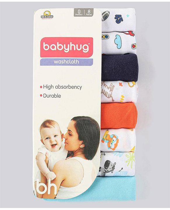 Babyhug 100% Cotton Wash Cloth Pack of 8 - Multicolor