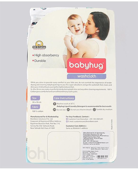 Babyhug 100% Cotton Wash Cloth Pack of 8 - Multicolor