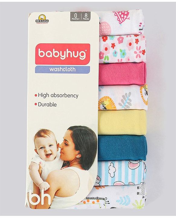 Babyhug 100% Cotton Wash Cloth Pack of 8 - Multicolor