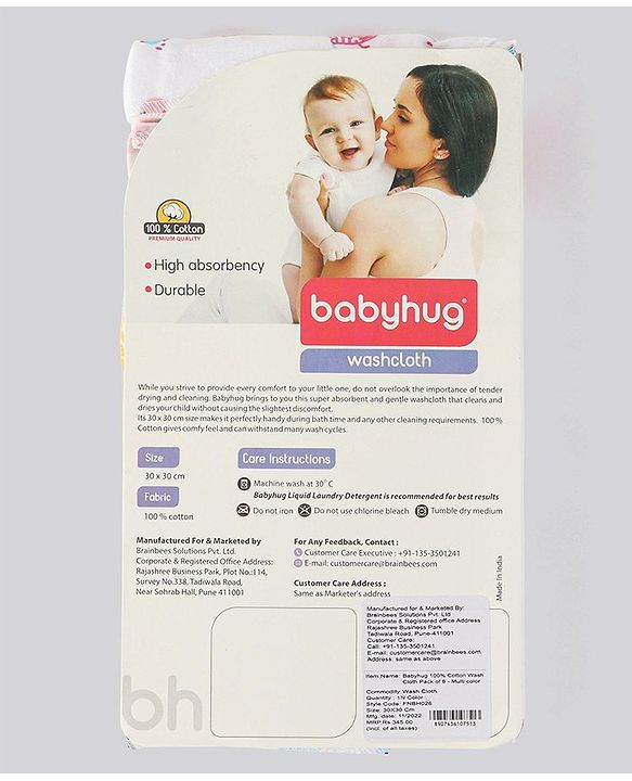 Babyhug 100% Cotton Wash Cloth Pack of 8 - Multicolor