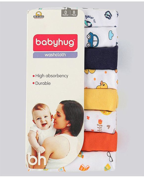 Babyhug 100% Cotton Wash Cloth Pack of 8 - Multicolor