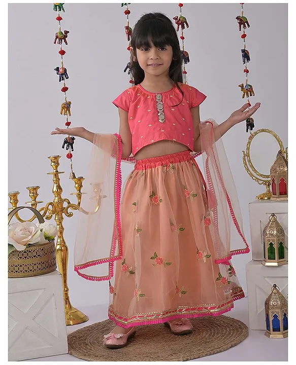 Buy Yellow Muslin Printed Bandhej Lehenga And Blouse Set For Girls by Lil  Angels Online at Aza Fashions.