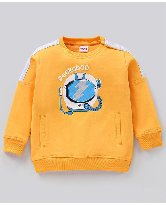 Babyhug Full Sleeves Winter Wear T-Shirt with Dino Print & Interactive Applique - Yellow