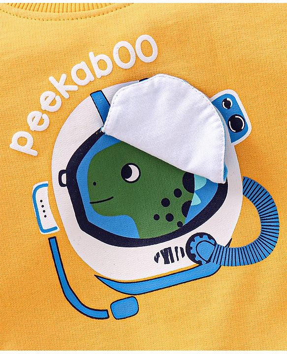 Babyhug Full Sleeves Winter Wear T-Shirt with Dino Print & Interactive Applique - Yellow