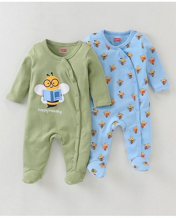 Babyhug Cotton Full Sleeves Sleep Suit Bee Print Pack of 2 - Blue Green