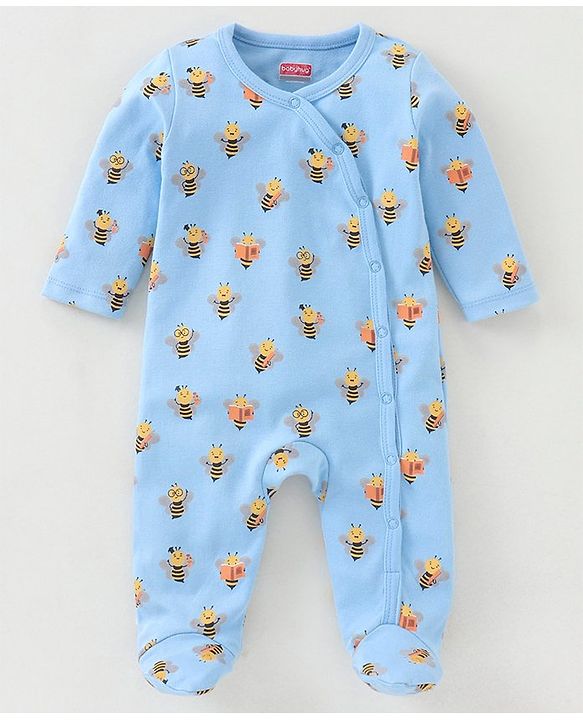 Babyhug Cotton Full Sleeves Sleep Suit Bee Print Pack of 2 - Blue Green