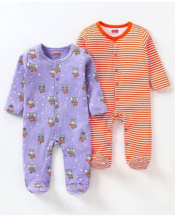 Babyhug Full Sleeves Sleep Suit Striped and Elephant Print Pack of 2 - Orange & Purple
