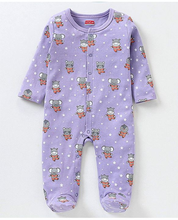 Babyhug Full Sleeves Sleep Suit Striped and Elephant Print Pack of 2 - Orange & Purple