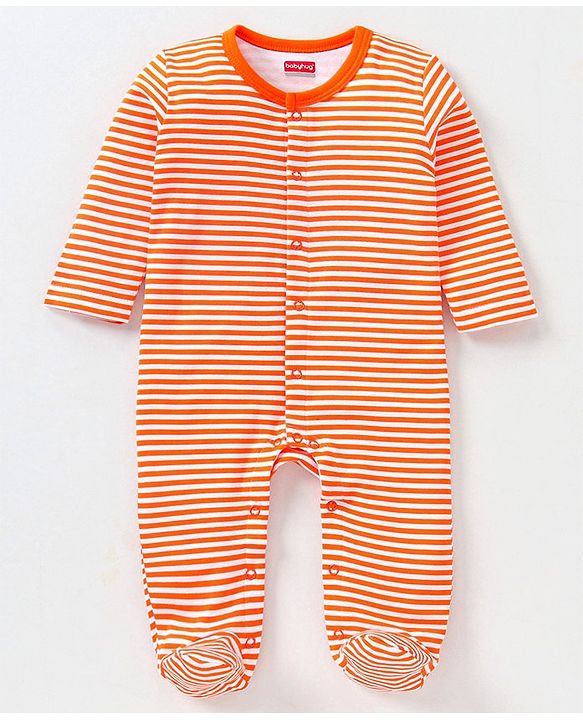 Babyhug Full Sleeves Sleep Suit Striped and Elephant Print Pack of 2 - Orange & Purple