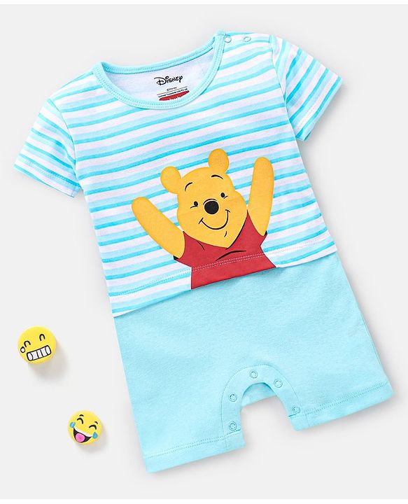 Babyhug 100% Cotton Half Sleeves Romper Winnie The Pooh Print - Blue