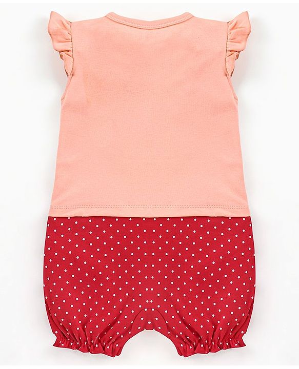 Babyhug 100% Cotton Frill Sleeves Romper Dot & Minnie Mouse Print- Red