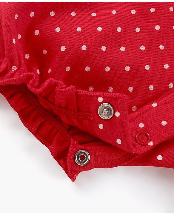 Babyhug 100% Cotton Frill Sleeves Romper Dot & Minnie Mouse Print- Red
