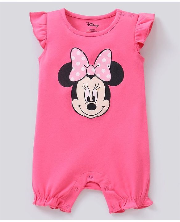 Babyhug 100% Cotton Flutter Sleeves Minnie Mouse Print Romper - Pink