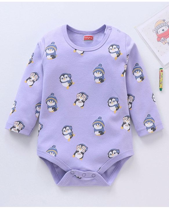 Babyhug 100% Cotton Full Sleeves Onesies Penguin Print - Purple