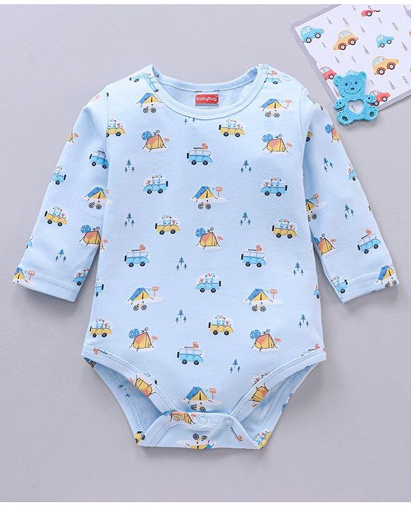 Babyhug 100% Cotton Full Sleeves Onesies Car Print - Blue